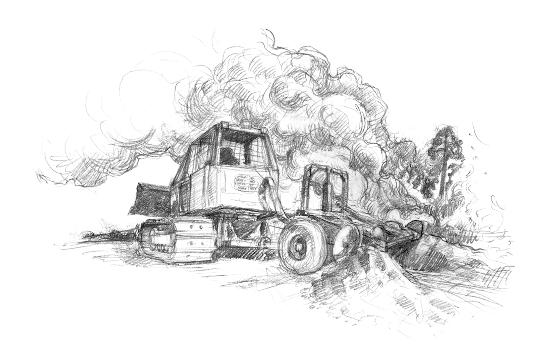 A drawing of a tractor and plow used in fighting wildfires.