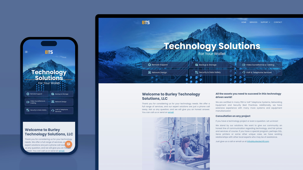 Screenshots of the redesigned Burley Technology Solutions website, 2022 May