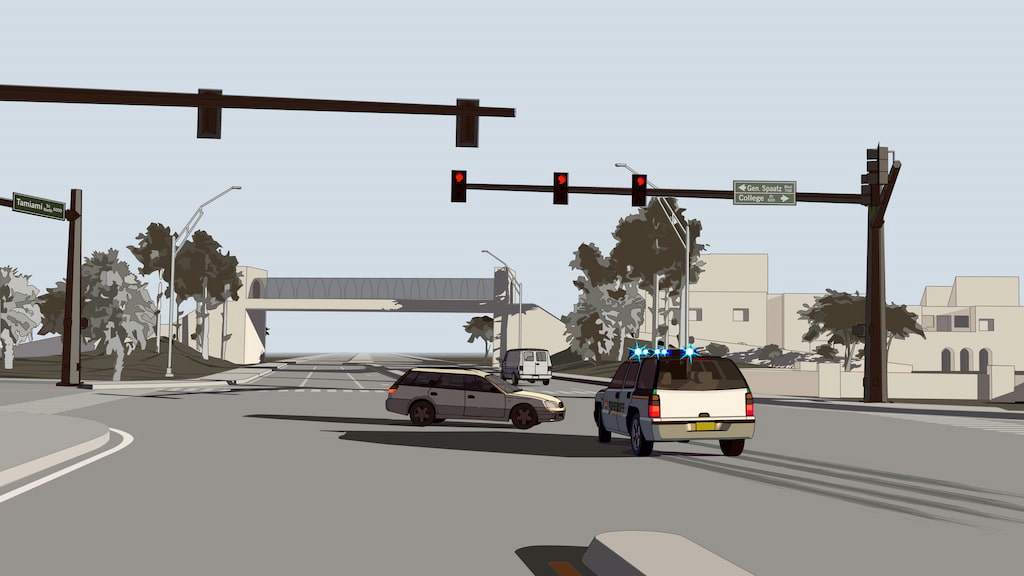 Artist's rendition of deputy and bystander entering the same intersection