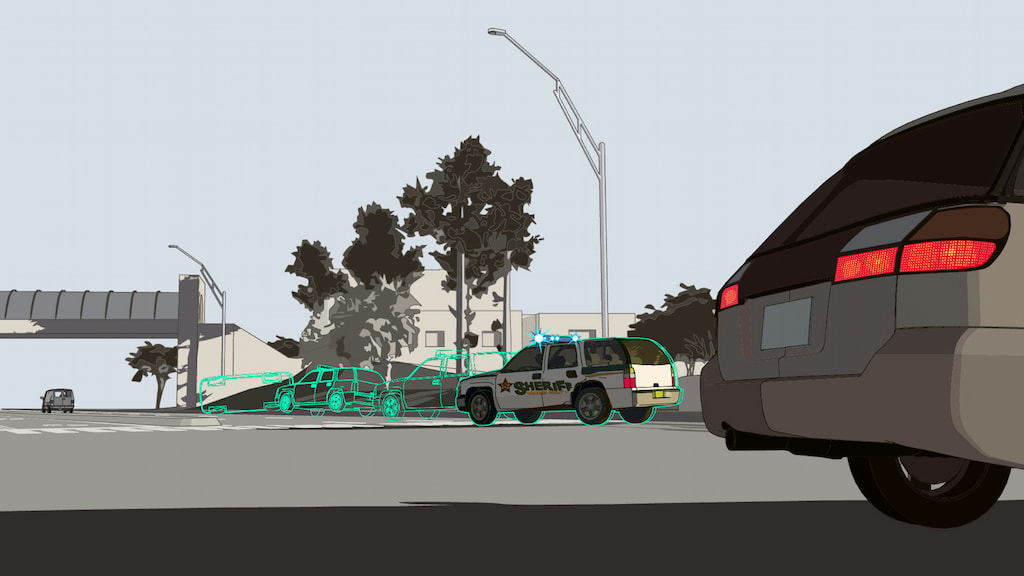 Artist's rendition of the aftermath of a deputy and bystander's crash