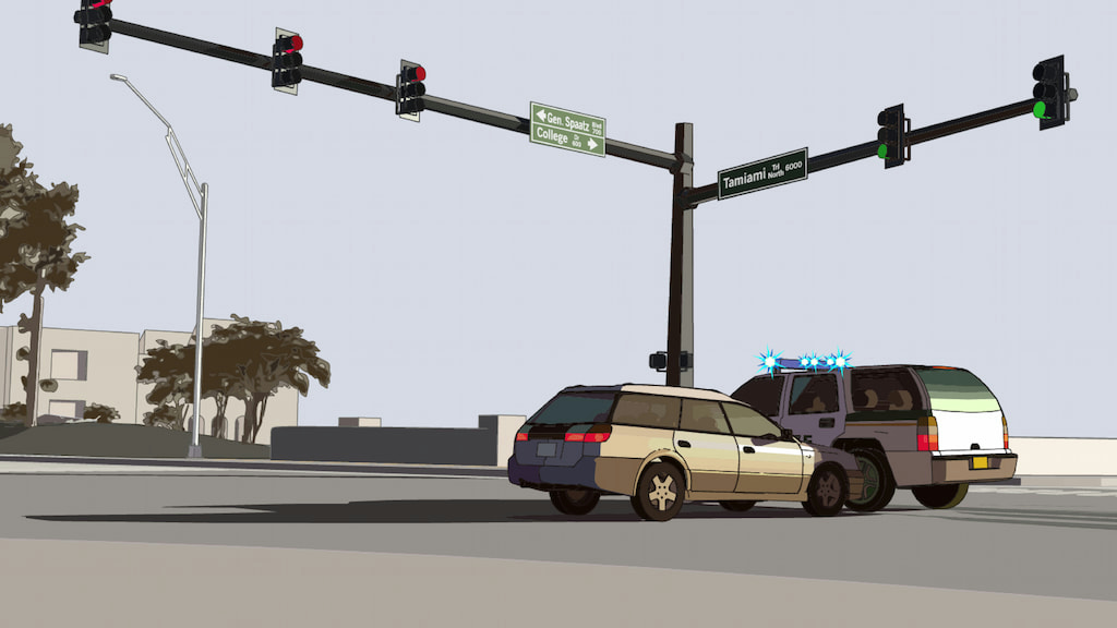 Artist's rendition of deputy and bystander's vehicles colliding